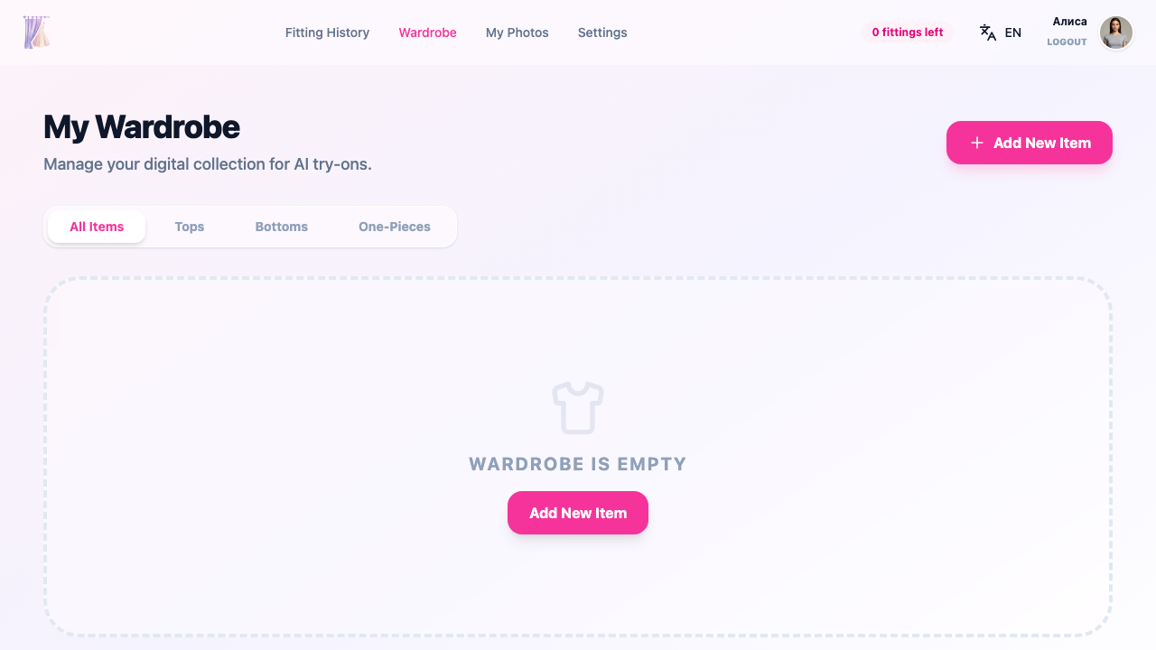 Wardrobe category tabs: All, Tops, Bottoms, One-pieces