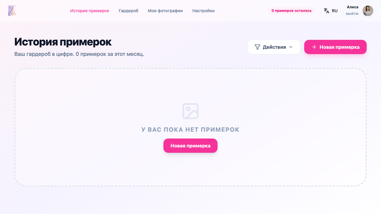 Карточка примерки с кнопками действий